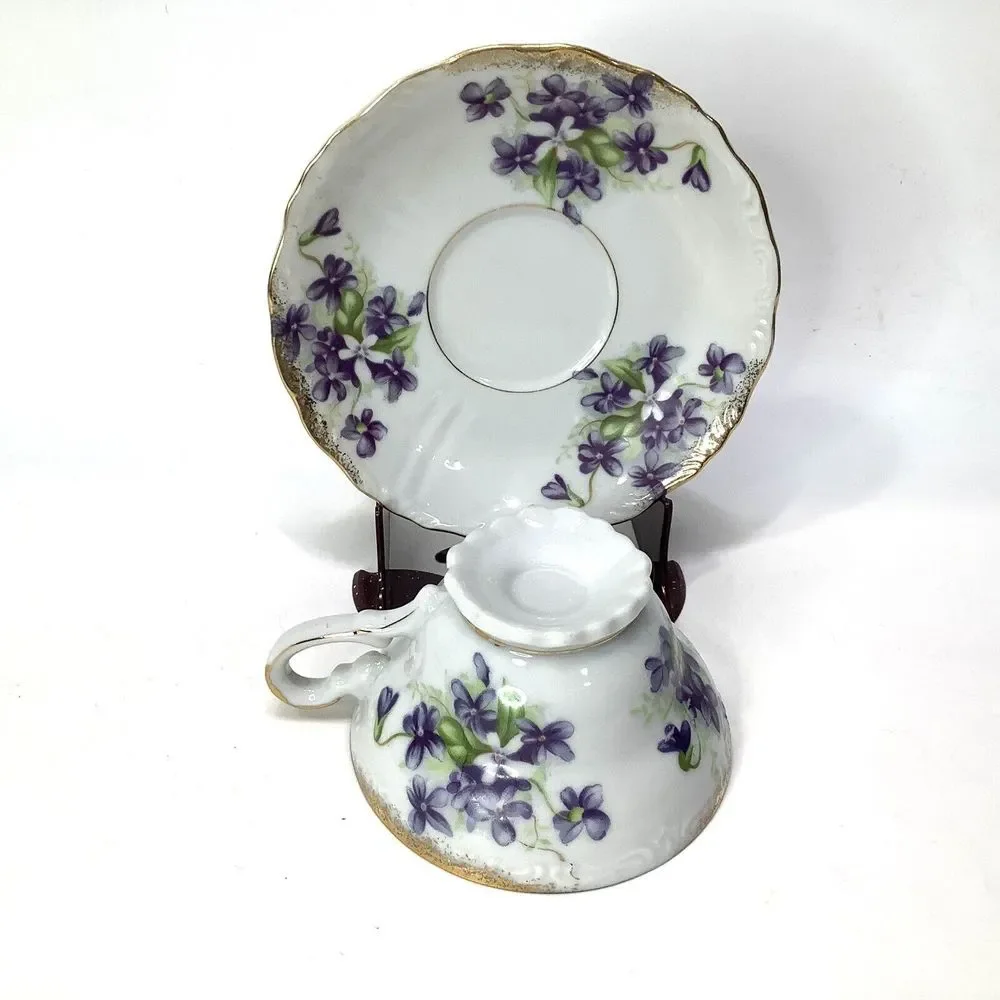 Vintage Cup & Saucer Set‎ Porcelain Rose Interior Plain Exterior Unmarked gold
